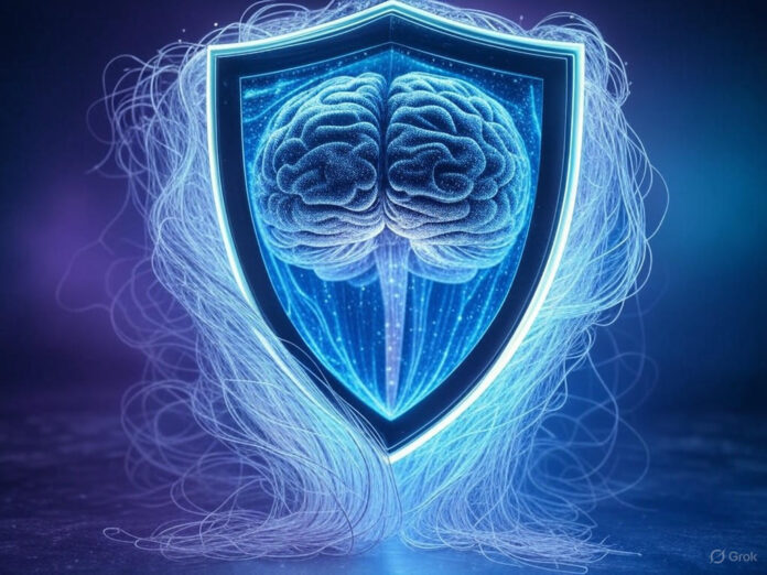 Uma imagem futurista representando a fusão de cibersegurança e inteligência artificial, com um escudo digital protegendo um cérebro de IA no centro, simbolizando a integração da Rubrik e Predibase. Fundo em tons de azul e roxo, com elementos de dados fluindo ao redor.