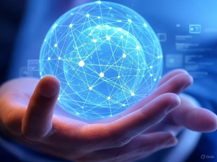 Uma ilustração futurista mostrando um equilíbrio entre dados digitais (representados por ícones de arquivos e códigos) e uma mão humana segurando um globo de conexões, simbolizando a harmonia entre IA e colaboração humana. Fundo em tons de azul e roxo, com elementos de rede e luzes digitais.