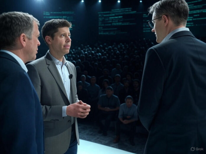 Sam Altman e Brad Lightcap em um palco iluminado, com expressões sérias, enquanto conversam com dois jornalistas em um auditório lotado. O cenário possui um tom futurista, com hologramas de códigos de programação ao fundo, simbolizando a tecnologia da OpenAI.