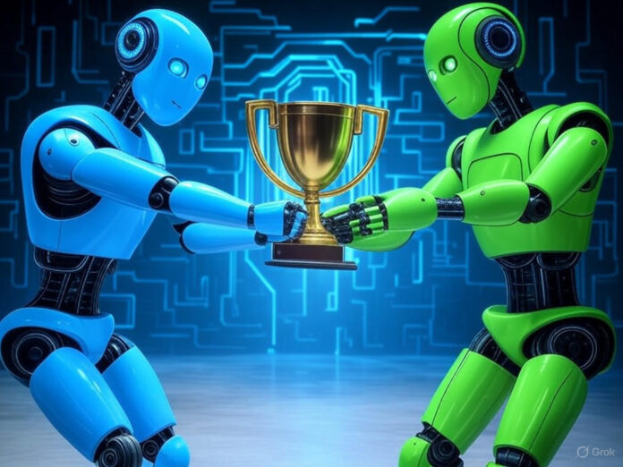 Uma ilustração futurista mostrando dois robôs estilizados, um representando a Meta e outro a OpenAI, em um cabo de guerra sobre um fundo de circuitos e dados digitais. No centro, um troféu simbolizando os talentos em IA. Estilo minimalista e tecnológico, com cores vibrantes e luzes neon.