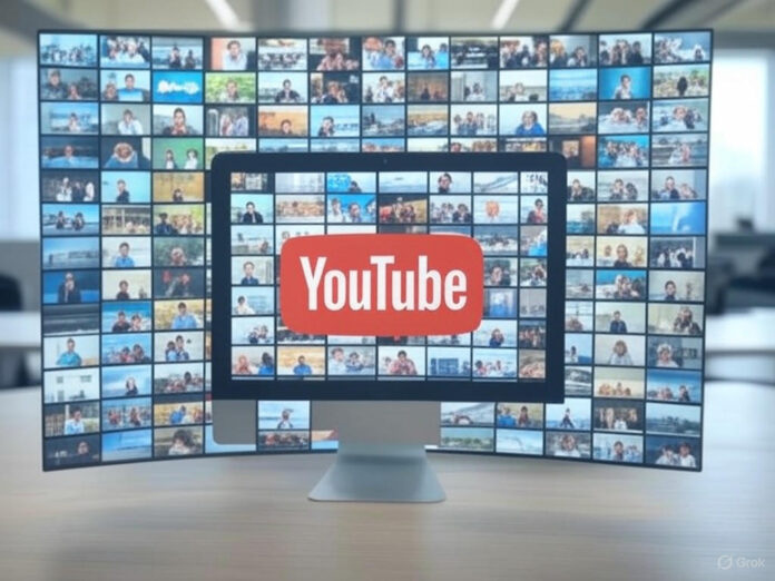 Uma tela de computador exibindo o YouTube com um carrossel de vídeos destacados por IA, com ícones de busca e inteligência artificial ao redor, representando a inovação tecnológica.