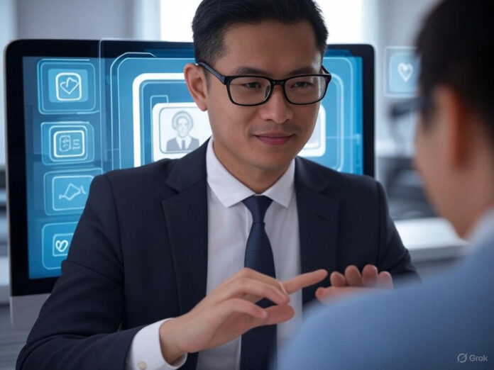 Uma imagem ilustrativa de um chatbot de IA (como o Claude) interagindo com um usuário em um ambiente de trabalho, com um fundo que mistura elementos digitais e emocionais, como ícones de coração e gráficos de produtividade. O foco central é a interação humano-IA, destacando a dualidade entre suporte emocional e uso profissional.