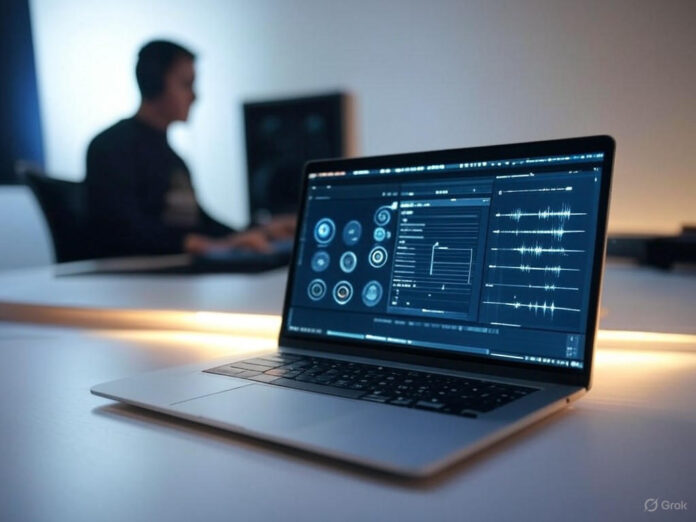 Uma imagem futurista de um estúdio de música digital com um laptop aberto exibindo uma interface de edição de áudio com elementos de IA, como ondas sonoras e ícones de tecnologia, no centro. Ao fundo, um produtor musical trabalhando com fones de ouvido, simbolizando inovação e criatividade.