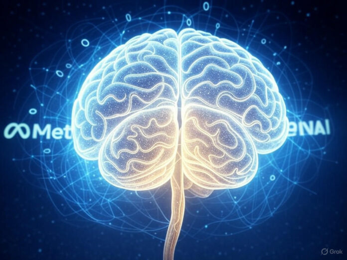 Uma ilustração futurista de um cérebro digital brilhante, cercado por códigos binários e gráficos de rede neural, representando o conceito de superinteligência em IA. No fundo, logotipos discretos da Meta e OpenAI, simbolizando a transição de talentos entre as empresas.