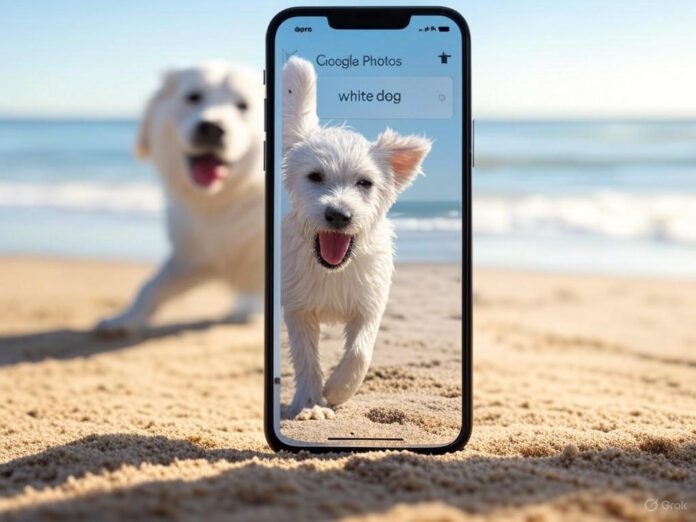 Uma imagem centralizada mostrando um smartphone com a tela do Google Photos aberta, exibindo resultados de busca por 