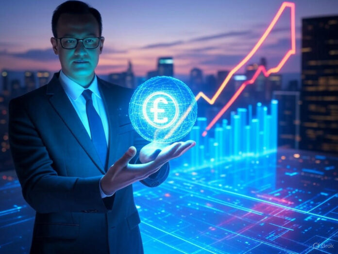 Uma imagem futurista representando o crescimento exponencial da inteligência artificial, com um gráfico em ascensão ao fundo e um holograma de um CEO segurando um símbolo de bilhões de dólares. A cena deve transmitir inovação, tecnologia e sucesso financeiro, com cores vibrantes e um tom de alta tecnologia.