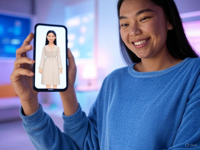 Uma mulher sorridente usando um smartphone para visualizar um avatar digital dela mesma vestindo diferentes roupas, com um fundo moderno e colorido que representa tecnologia e moda. O avatar deve estar centralizado, mostrando a transição entre as roupas.