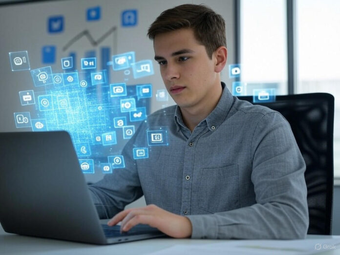 Uma imagem futurista mostrando um empreendedor comum usando um laptop com ícones de IA flutuando ao redor, representando a democratização da tecnologia para criar negócios. O fundo deve incluir elementos de mídia social e gráficos de crescimento, simbolizando o potencial de escalabilidade.