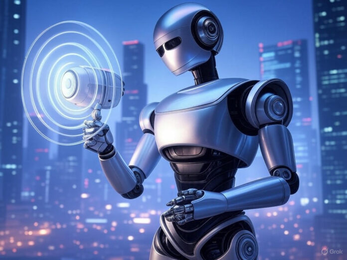Uma ilustração futurista mostrando um robô com um megafone emitindo ondas de som, representando a clonagem de vozes e a integração de IA. Ao fundo, um cenário tecnológico com elementos de redes sociais e ferramentas criativas, tudo em tons azuis e roxos vibrantes.
