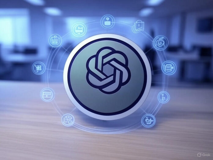 Uma imagem futurista representando a fusão de duas empresas de IA, com elementos de recomendações personalizadas e e-commerce. No centro, um símbolo de colaboração entre a Crossing Minds e a OpenAI, cercado por ícones de compras online e algoritmos de recomendação. Fundo em tons de azul e roxo, transmitindo inovação e tecnologia.