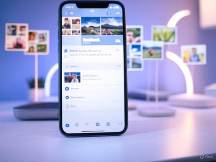 Uma imagem de um celular com a tela exibindo o aplicativo do Facebook aberto na seção de Stories, com um pop-up solicitando permissão para acessar o rolo da câmera. Ao fundo, elementos de IA, como ícones de colagem, estilização e temas fotográficos, destacam a integração da inteligência artificial.