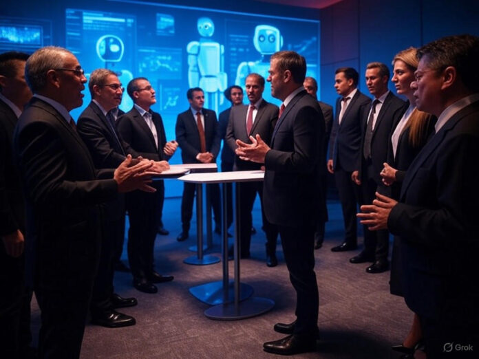 Uma imagem futurista representando um congresso americano discutindo inteligência artificial, com hologramas de robôs e gráficos de dados ao fundo, simbolizando a tensão entre inovação e regulamentação. O foco central é um palco com políticos e líderes da indústria de IA em debate, com tons de azul e vermelho destacando a divisão política.