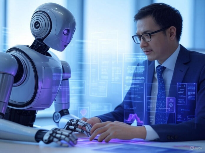 Uma ilustração futurista mostrando um robô e um humano trabalhando juntos em um ambiente de escritório moderno, com gráficos e dados flutuando ao redor, simbolizando a colaboração entre IA e humanos no futuro do trabalho. O cenário deve ser vibrante e otimista, com tons de azul e roxo.