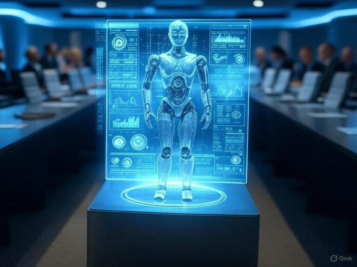 Uma imagem futurista representando um debate sobre regulamentação de IA, com um congresso em sessão ao fundo e hologramas de robôs e gráficos de dados flutuando no centro. O cenário deve transmitir tensão e tecnologia avançada, com cores azuis e prateadas predominantes.