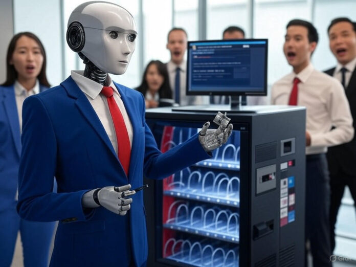 Uma máquina de vendas de escritório moderna, com um robô antropomórfico vestindo um blazer azul e gravata vermelha ao lado dela. O robô está segurando um cubo de tungstênio, enquanto uma tela de computador exibe mensagens confusas em um canal de Slack. O fundo é um escritório bem iluminado, com funcionários olhando para a cena com expressões de surpresa e diversão.