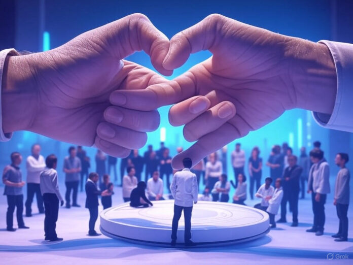 Uma ilustração digital de duas mãos gigantes, uma representando a Meta e outra a OpenAI, disputando um grupo de pequenas figuras humanas (pesquisadores) no centro. O cenário é futurista, com tons de azul e roxo, destacando a intensidade da competição.