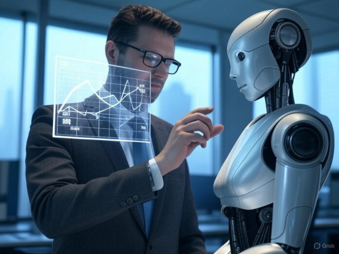 Uma imagem futurista que retrata um humano e um robô colaborando em um ambiente de escritório moderno, com gráficos e dados flutuando no ar, simbolizando a parceria entre inteligência artificial e profissionais em áreas como consultoria, direito e contabilidade. O foco central é a interação harmoniosa entre humano e máquina, utilizando tons de azul e prata para transmitir inovação e tecnologia.