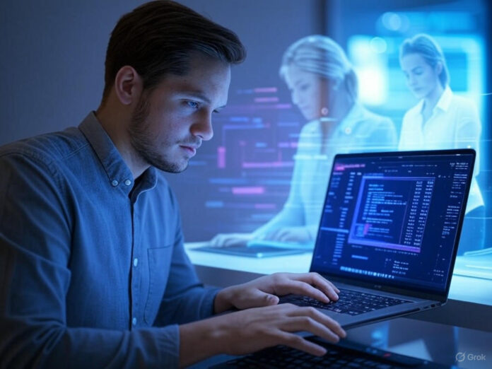 Uma ilustração futurista de um desenvolvedor utilizando um laptop com uma interface de IA de codificação exibida na tela, enquanto agentes de IA virtuais trabalham ao redor em um ambiente digital. O foco central é a interação entre o humano e a tecnologia, com tons de azul e roxo para transmitir inovação.