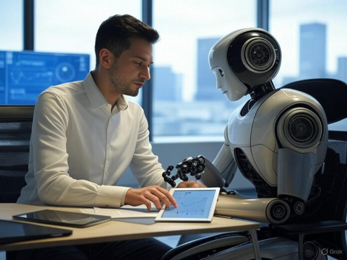 Uma imagem futurista representando a revolução da IA no mundo das startups, com elementos como robôs colaborando com humanos em um ambiente de escritório moderno, gráficos de crescimento exponencial e um fundo que remete à inovação e tecnologia. A cena deve transmitir dinamismo e progresso, com cores vibrantes e um tom inspirador.
