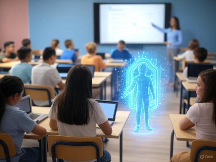 Uma sala de aula moderna com alunos interagindo com tablets e laptops, enquanto um professor usa um painel digital para apresentar conteúdo. No centro da imagem, um holograma de um assistente de IA (Gemini) aparece, simbolizando a integração da inteligência artificial na educação. O ambiente é vibrante e futurista, com cores suaves e luzes que destacam a tecnologia.