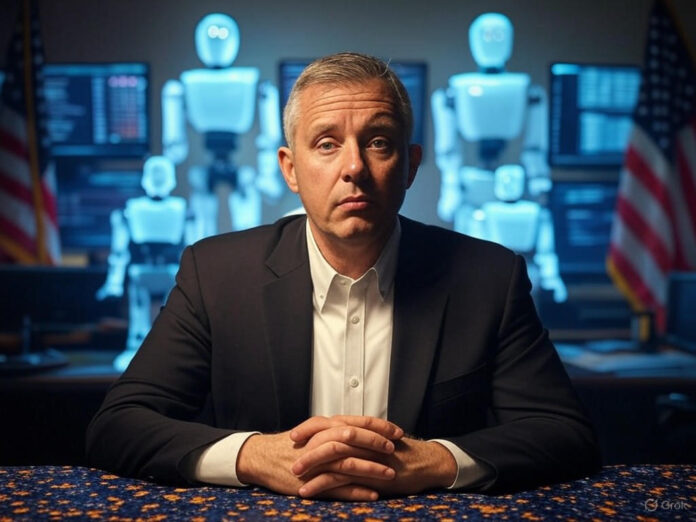 Uma imagem futurista representando um congresso americano discutindo inteligência artificial, com hologramas de robôs e gráficos de dados ao fundo, simbolizando a tensão entre inovação e regulamentação. O foco central deve ser um palestrante no Senado, cercado por telas exibindo códigos de IA e bandeiras dos EUA.
