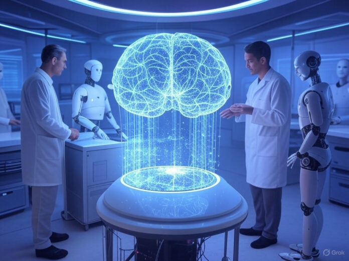 Uma representação futurista de um laboratório de inteligência artificial, com hologramas de redes neurais e robôs colaborando com humanos, tudo em tons de azul e roxo, simbolizando inovação e tecnologia avançada. O centro da imagem deve destacar um cérebro digital brilhante, representando a superinteligência.