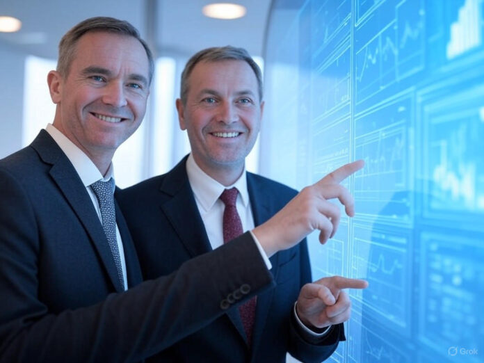 Uma imagem futurista de um painel de controle digital de compras corporativas, com gráficos, ícones de IA e um fundo azul tecnológico. Dois homens de negócios, representando os fundadores, estão ao lado, sorrindo e apontando para a tela, simbolizando inovação e colaboração.