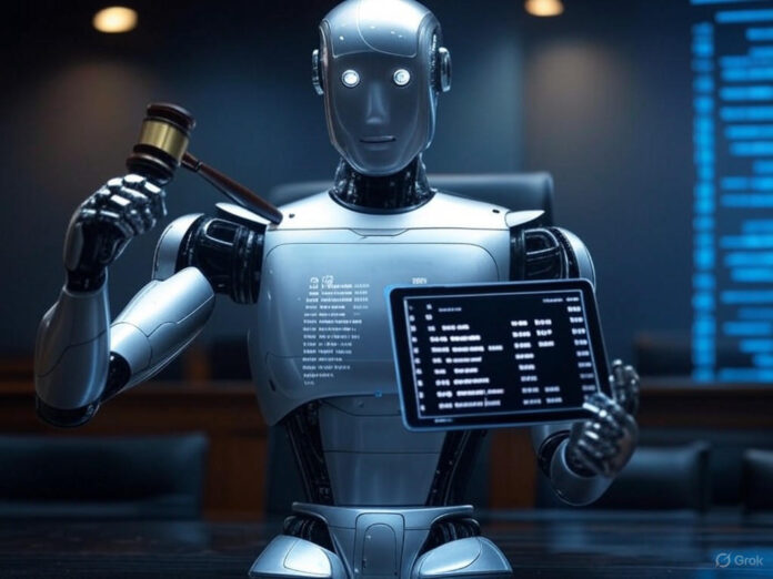 Uma imagem futurista representando a fusão entre tecnologia e direito, com um robô segurando um martelo de juiz e um tablet exibindo códigos jurídicos em um fundo de dados digitais. O robô está centralizado, simbolizando a integração da IA no mercado jurídico.