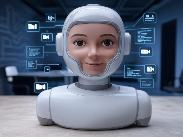 Uma representação futurista de um chatbot de IA interagindo com humanos em um ambiente tecnológico, com ícones de voz, vídeo e código flutuando ao redor, destacando a evolução e a inovação do ChatGPT.