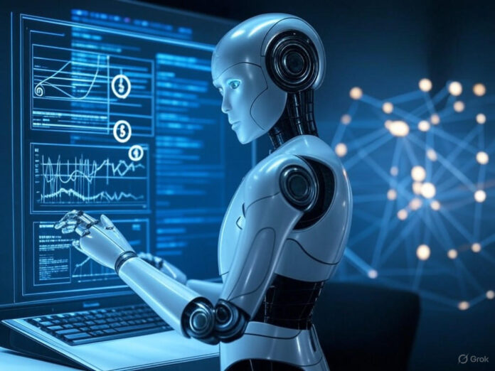 Uma ilustração futurista mostrando um robô de IA interagindo com um painel de controle digital, onde gráficos e moedas simbolizam micropagamentos. No fundo, linhas de código e uma rede de conexões representam a infraestrutura da Cloudflare. O robô está centralizado, com um destaque para a interação entre tecnologia e monetização de conteúdo.