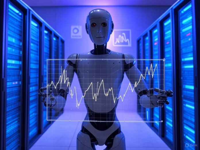 Uma representação futurista de um data center de inteligência artificial, com luzes azuis e roxas brilhantes, simbolizando tecnologia avançada. No centro, um robô humanoide segurando um gráfico de crescimento exponencial, com o logotipo da xAI ao fundo. O ambiente deve transmitir inovação e progresso tecnológico.