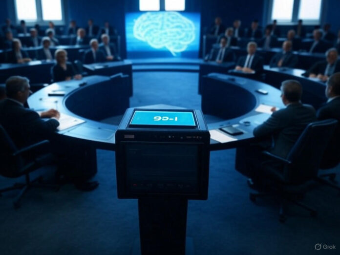 Uma imagem simbólica representando o Senado dos EUA em sessão, com legisladores votando em uma tela digital que exibe 