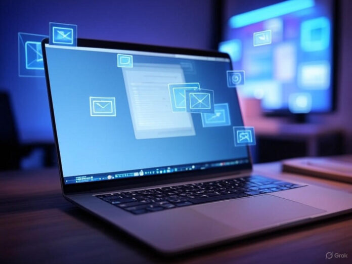 Uma imagem futurista mostrando um laptop com uma tela brilhante exibindo um e-mail sendo editado por um assistente de IA, com ícones de inteligência artificial flutuando ao redor. O cenário deve transmitir inovação e produtividade, com tons de azul e roxo para destacar a tecnologia.