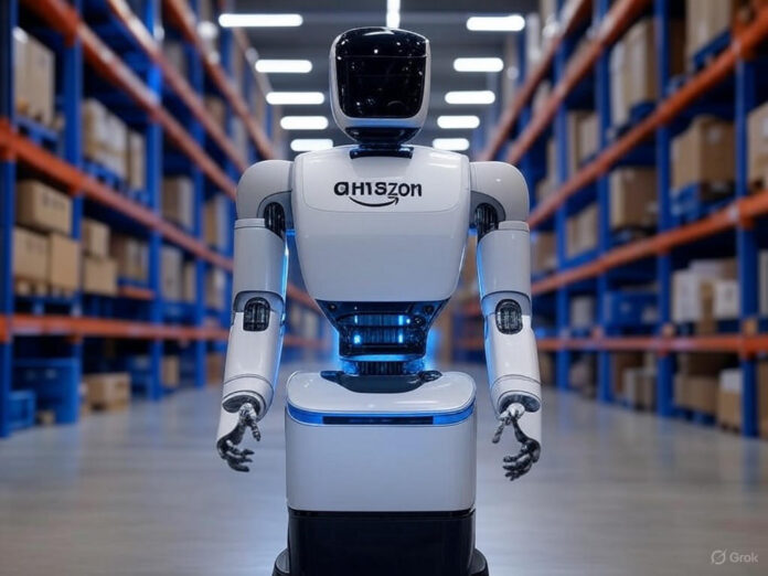 Um robô da Amazon em um armazém moderno, cercado por prateleiras altas e caixas, com luzes azuis destacando sua tecnologia avançada. O robô está no centro da imagem, simbolizando o marco de um milhão de unidades.