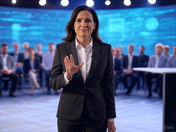 Uma mulher palestrando em um palco moderno, com um fundo futurista e elementos visuais de inteligência artificial, como gráficos digitais e ícones de robôs. A plateia está atenta, composta por empreendedores e investidores. O foco central é a palestrante, que gesticula com confiança, enquanto gráficos de crescimento e inovação são projetados ao fundo.