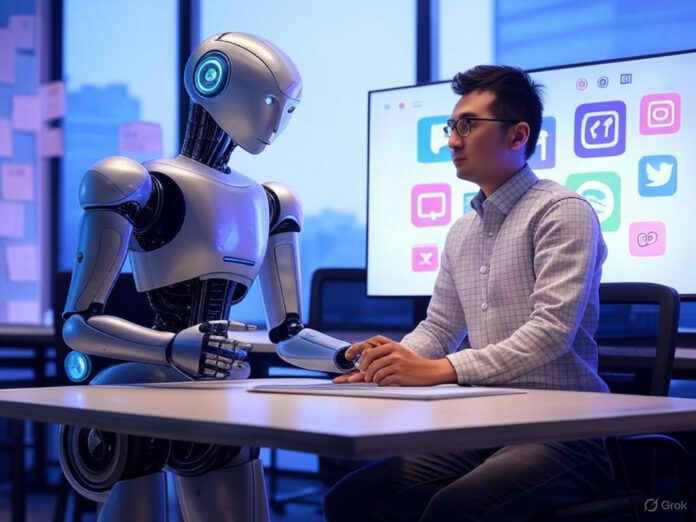 Uma ilustração futurista mostrando um robô e um humano trabalhando juntos em uma tela digital, com ícones de redes sociais e notas flutuantes ao redor, representando a colaboração entre IA e humanos na moderação de conteúdo. Cenário centralizado e vibrante, com tons de azul e roxo.