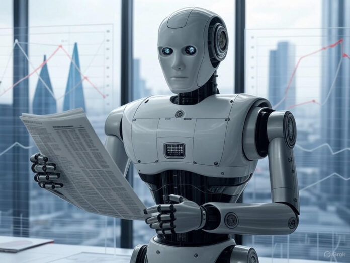 Uma imagem futurista mostrando um robô segurando um jornal digital, cercado por gráficos de crescimento e queda de tráfego, simbolizando o impacto da inteligência artificial no consumo de notícias. Ao fundo, um cenário de cidade moderna com telas exibindo notícias em tempo real.