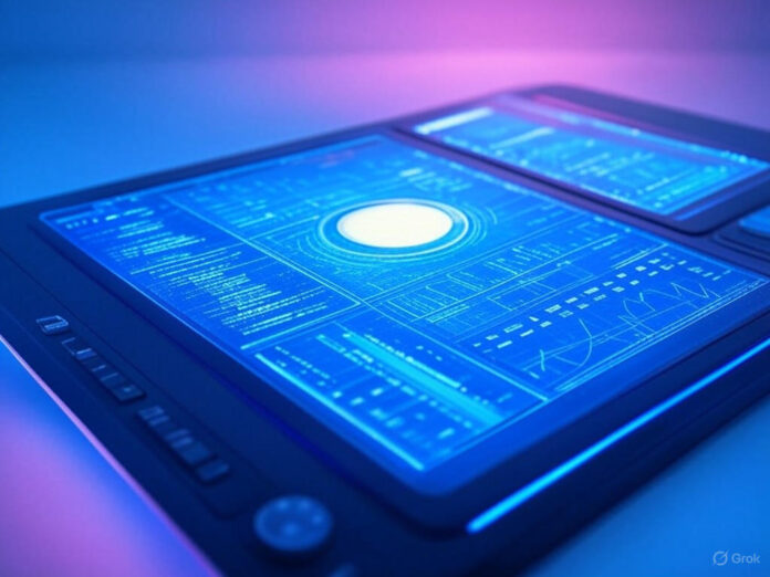 Uma imagem futurista de um painel de controle digital com gráficos, planilhas e um navegador de IA (representando o Comet) no centro, simbolizando as ferramentas avançadas do Perplexity Max. O fundo deve ter tons de azul e roxo, transmitindo inovação e tecnologia.