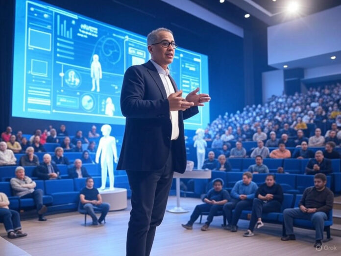 Uma cena futurista em um auditório moderno, com um palco iluminado e uma tela grande exibindo visualizações de IA e efeitos visuais. No centro, um homem (Nikola Todorovic) discursando para uma plateia diversa de profissionais de tecnologia e cinema, com hologramas de personagens 3D ao fundo.
