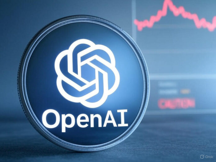 Uma imagem ilustrativa de um token digital com o logotipo da OpenAI ao lado de um gráfico de ações em queda, simbolizando a desconexão entre os tokens e as ações reais da empresa. O fundo em tons de azul e cinza, com destaque para um alerta de 'cuidado' em vermelho.