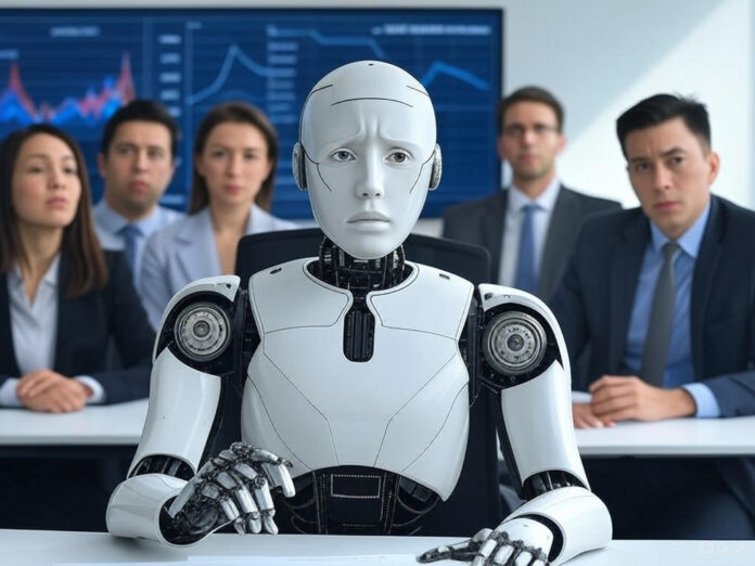 Uma imagem futurista mostrando um robô sentado em uma mesa de escritório, cercado por humanos com expressões preocupadas, enquanto gráficos de desemprego e IA são projetados em uma tela ao fundo. O robô está centralizado, simbolizando o impacto da IA no mercado de trabalho.