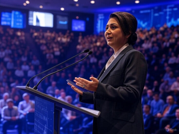 Uma palestra inspiradora em um grande auditório, com May Habib no palco, falando para uma plateia de líderes de startups e investidores. O cenário inclui telas digitais exibindo gráficos e dados sobre IA empresarial, com luzes modernas e tons de azul e roxo. O foco central é May Habib, com expressão confiante e gestos dinâmicos, enquanto discute o futuro da IA.