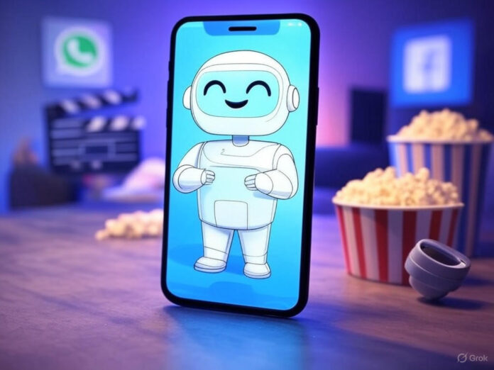 Uma ilustração futurista de um chatbot de IA enviando mensagens em um smartphone, com ícones de redes sociais como WhatsApp e Facebook Messenger ao fundo. O chatbot tem um visual amigável e está cercado por elementos de cinema, como claquete e pipoca, representando o tema de recomendações de filmes. O cenário é moderno e tecnológico, com tons de azul e roxo.