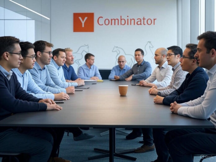 Uma sala de reuniões moderna com um grande logotipo da Y Combinator na parede, cercada por fundadores de startups discutindo ideias com investidores. O ambiente transmite inovação e sucesso, com gráficos de crescimento e ícones de unicórnios discretamente inseridos na decoração.