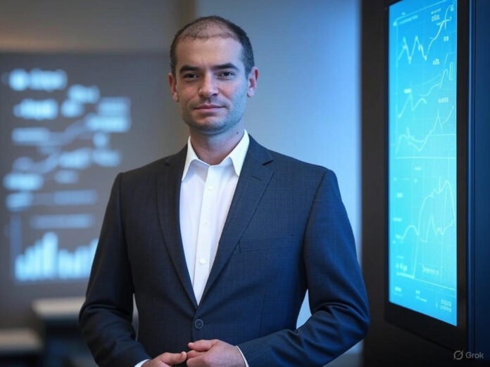 Ilya Sutskever, cofundador da OpenAI e agora CEO da Safe Superintelligence, em um ambiente futurista com hologramas de códigos de IA ao fundo, simbolizando a missão da empresa de desenvolver superinteligência segura. Ele está de pé, confiante, com um painel digital mostrando gráficos de crescimento e inovação. A imagem deve transmitir tecnologia avançada e liderança visionária.
