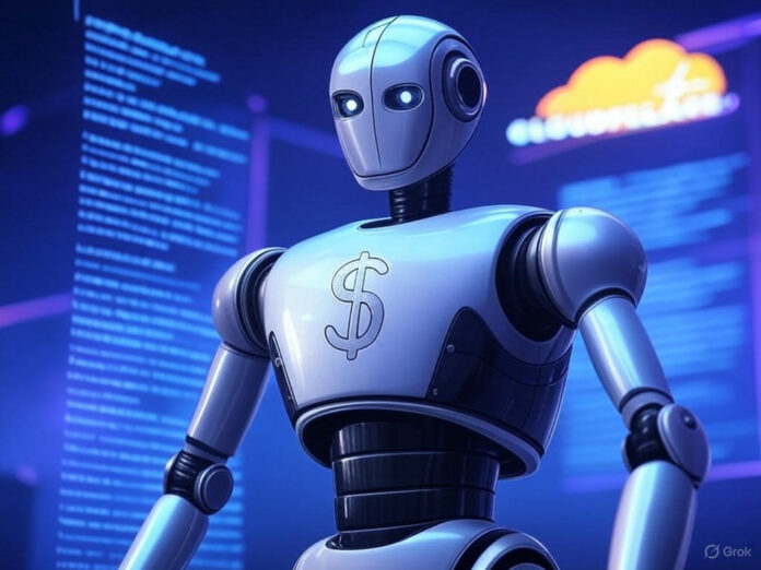 Uma ilustração digital futurista mostrando um robô com um ícone de cifrão ($) no peito, raspando dados de um site representado por linhas de código flutuantes. Ao fundo, a logo da Cloudflare aparece discretamente. O estilo é clean e tecnológico, com cores em tons de azul e roxo.