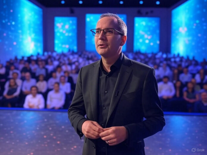 Uma cena futurista em um auditório moderno, com um palco iluminado onde um homem (Nikola Todorovic) fala para uma plateia de profissionais de tecnologia e criativos. Ao fundo, telas exibem visualizações de IA e efeitos visuais, representando a fusão entre cinema e tecnologia. O ambiente é vibrante e inspirador, com tons de azul e roxo.