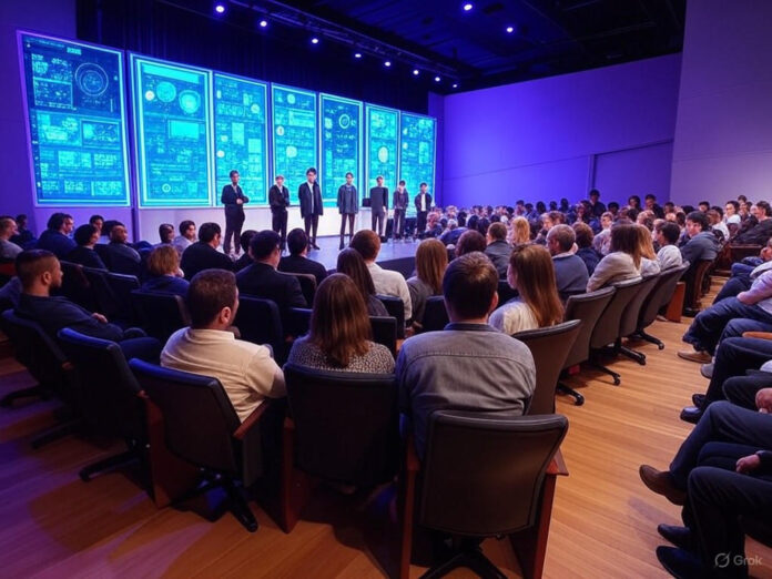 Um público diversificado em um grande auditório moderno, com telas digitais exibindo visualizações de IA e efeitos visuais. No palco, um painel de discussão com profissionais de tecnologia e criatividade, destacando Nikola Todorovic, enquanto ele apresenta uma demonstração de integração de personagens 3D em cenas reais. O ambiente é futurista, com luzes azuis e roxas, simbolizando inovação e criatividade.