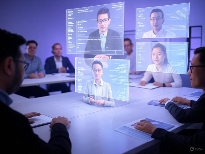 Uma imagem futurista de uma reunião virtual com hologramas de pessoas e uma interface de IA flutuando no centro, exibindo notas e sugestões em tempo real. A cena transmite inovação e tecnologia avançada, com tons de azul e roxo para destacar a atmosfera digital.