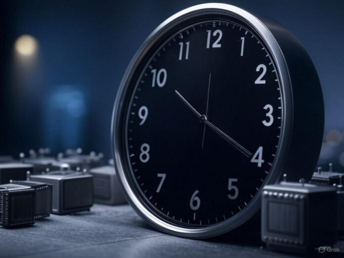 Uma representação visual da União Europeia e da inteligência artificial, com um relógio simbolizando o cronograma irrevogável da legislação, e ícones de tecnologia (como robôs e chips) ao redor, em um fundo futurista e minimalista.